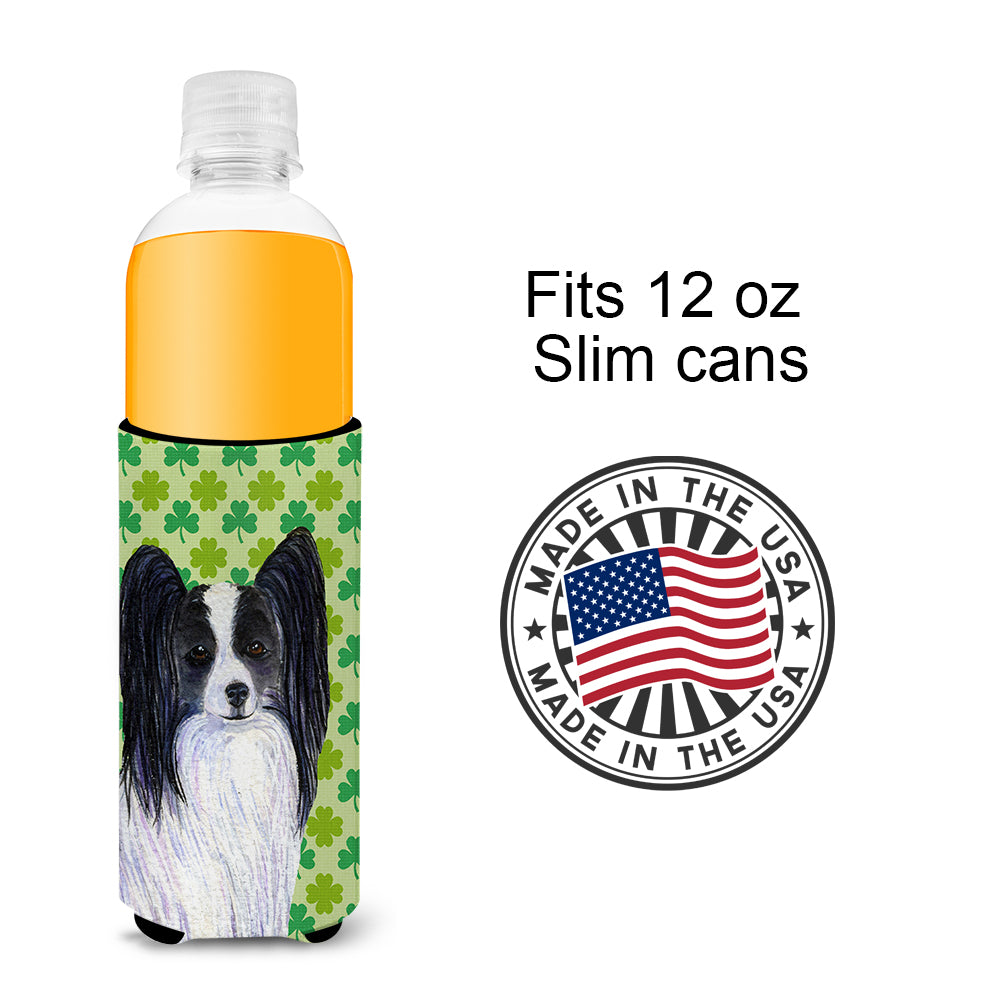 Papillon St. Patrick's Day Shamrock Portrait Ultra Beverage Insulators for slim cans SS4436MUK.