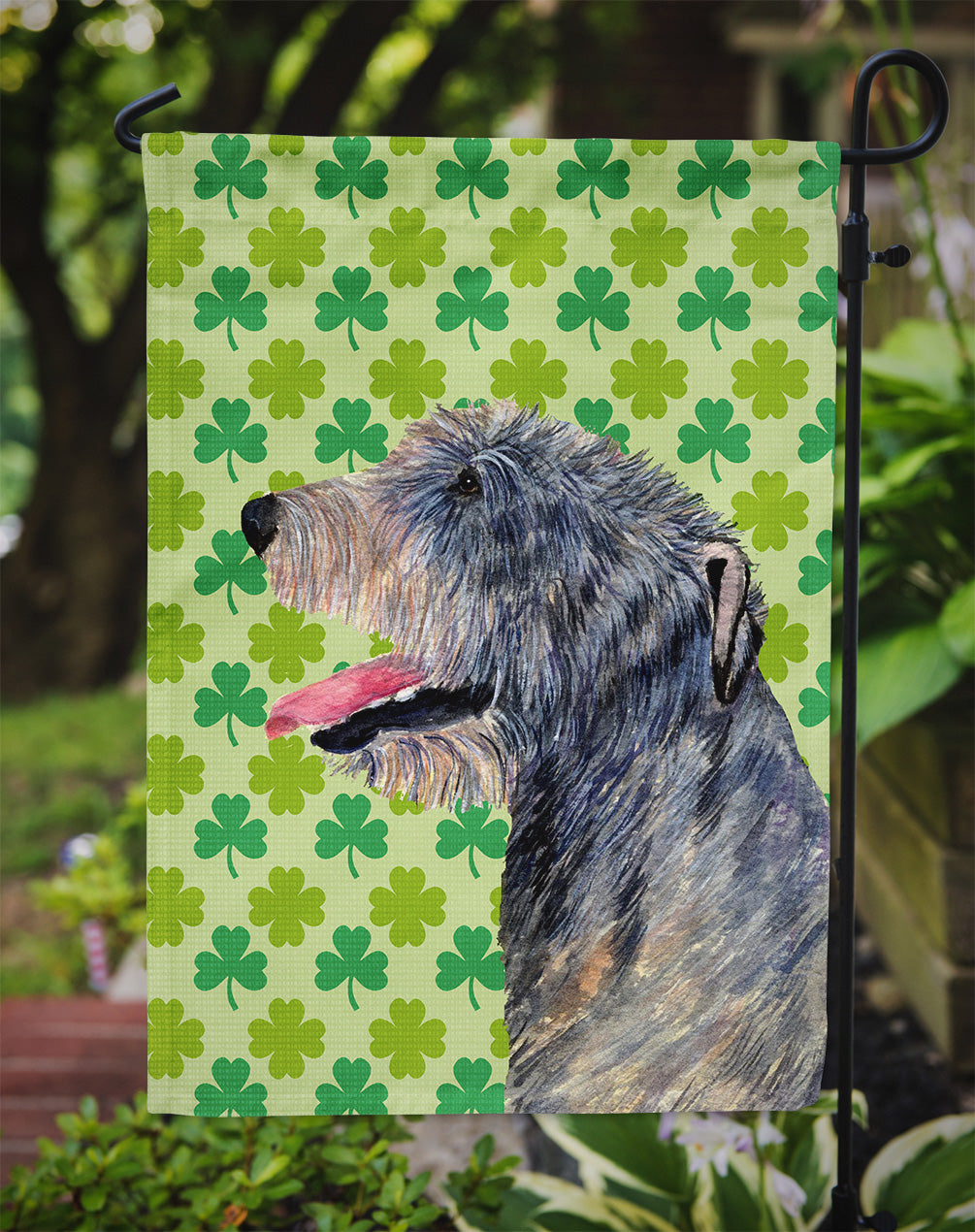 Irish Wolfhound St. Patrick's Day Shamrock Portrait Flag Garden Size.