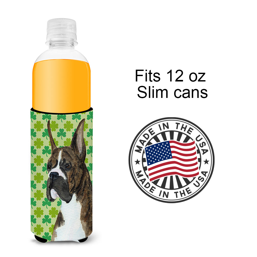 Boxer St. Patrick's Day Shamrock Portrait Ultra Beverage Insulators for slim cans SS4439MUK.