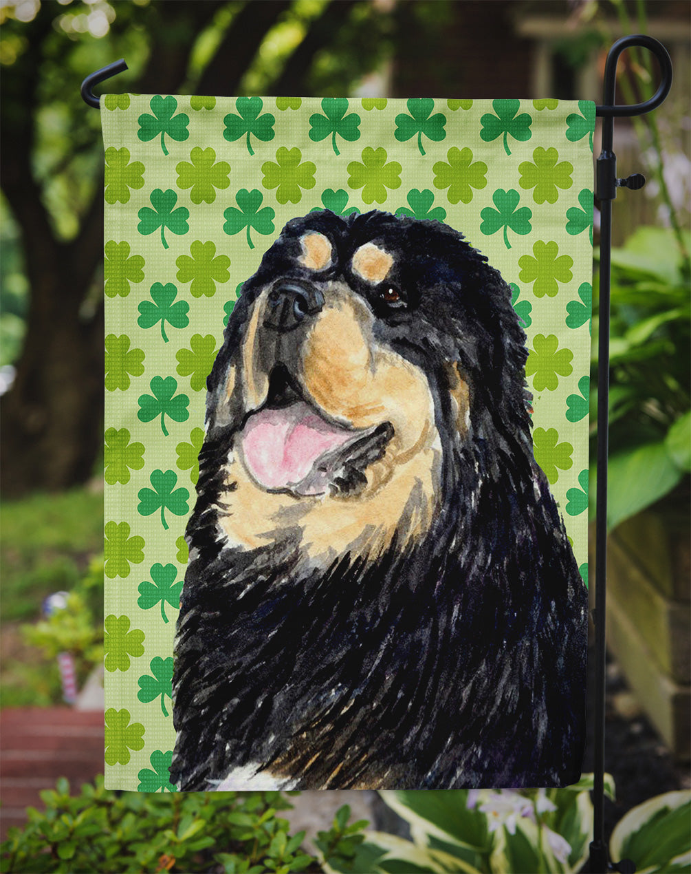 Tibetan Mastiff St. Patrick's Day Shamrock Portrait Flag Garden Size.