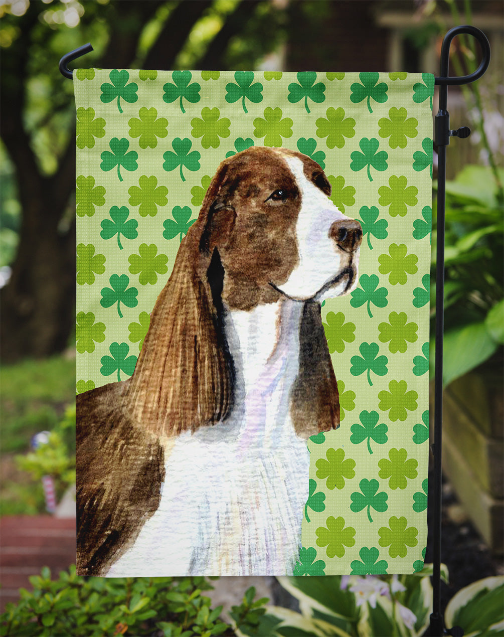 Springer Spaniel St. Patrick's Day Shamrock Portrait Flag Garden Size.