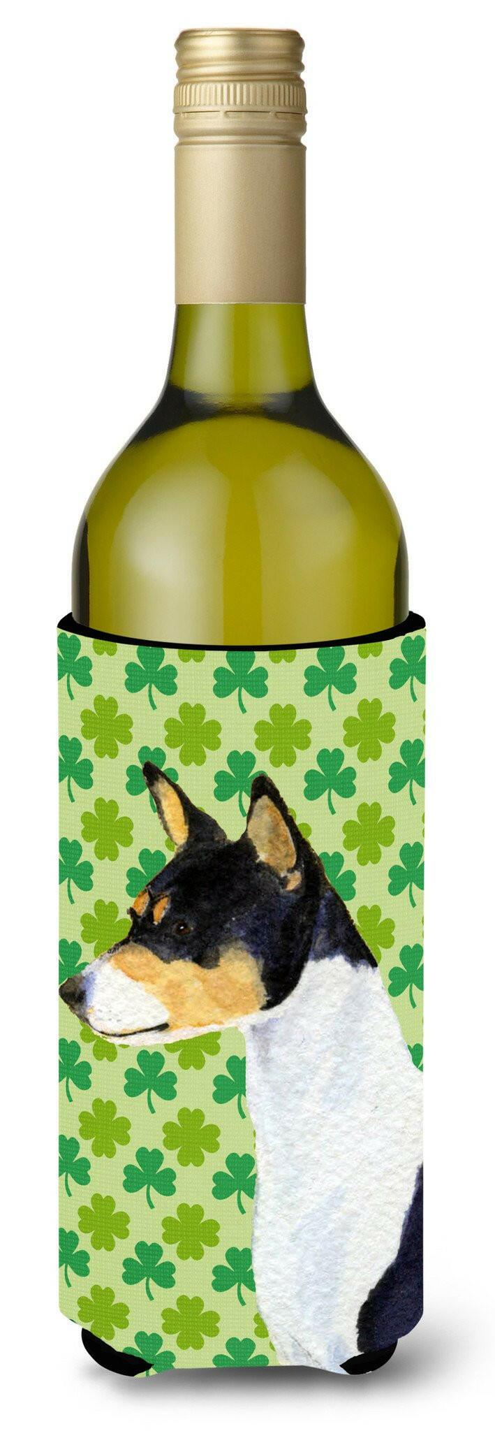 Basenji St. Patrick&#39;s Day Shamrock Portrait Wine Bottle Beverage Insulator Beverage Insulator Hugger by Caroline&#39;s Treasures