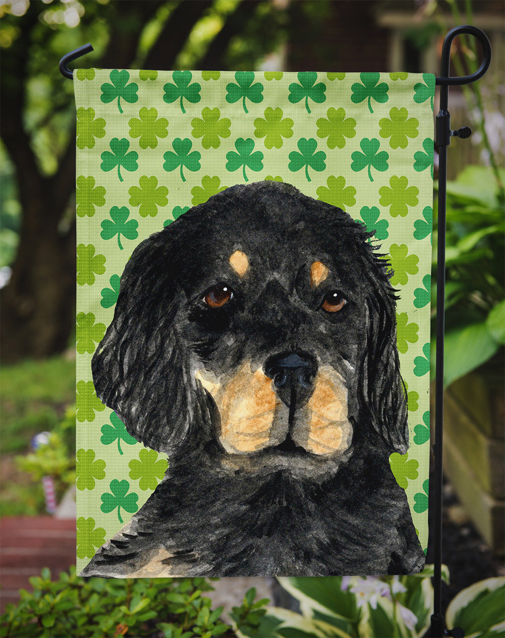 Gordon Setter St. Patrick's Day Shamrock Portrait Flag Garden Size.