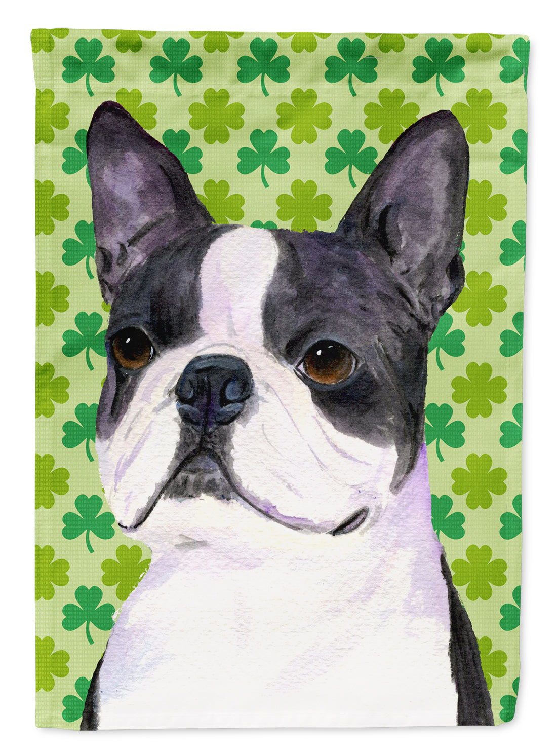 Boston Terrier St. Patrick's Day Shamrock Portrait Flag Garden Size.