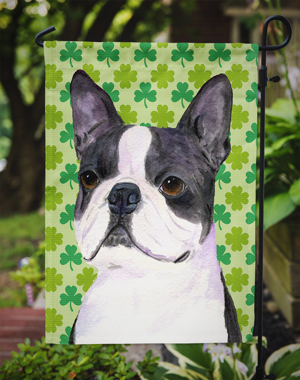 Boston Terrier St. Patrick's Day Shamrock Portrait Flag Garden Size