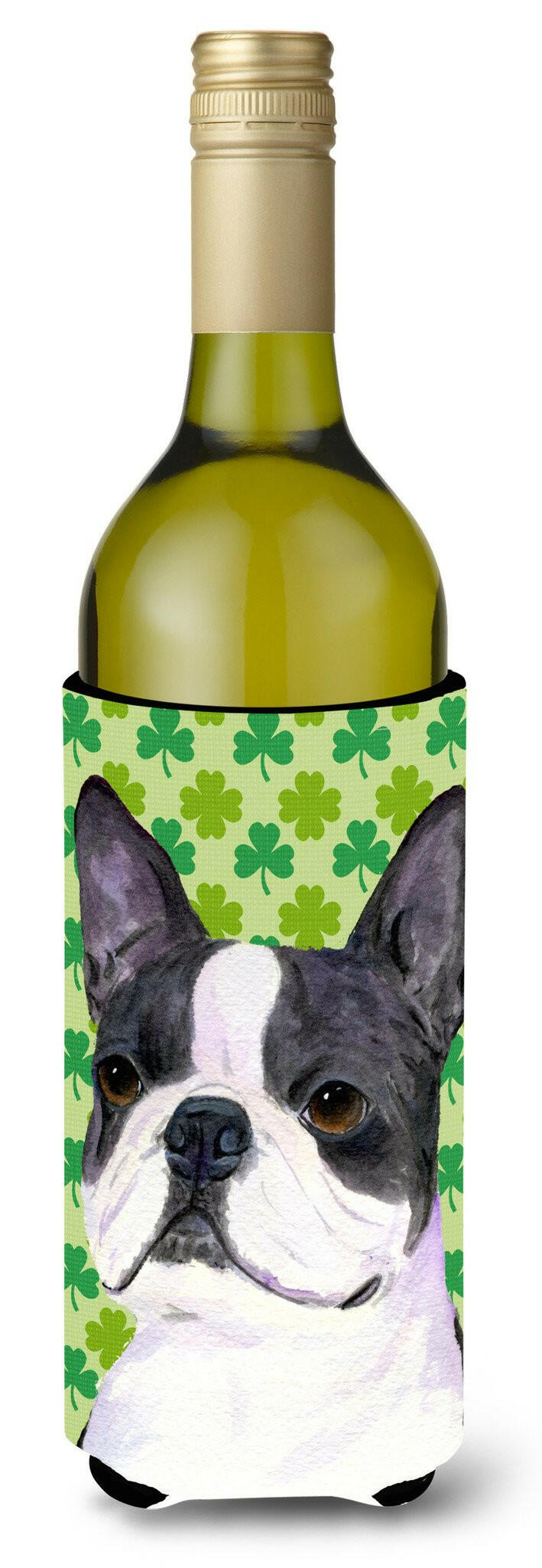Boston Terrier St. Patrick&#39;s Day Shamrock Portrait Wine Bottle Beverage Insulator Beverage Insulator Hugger by Caroline&#39;s Treasures
