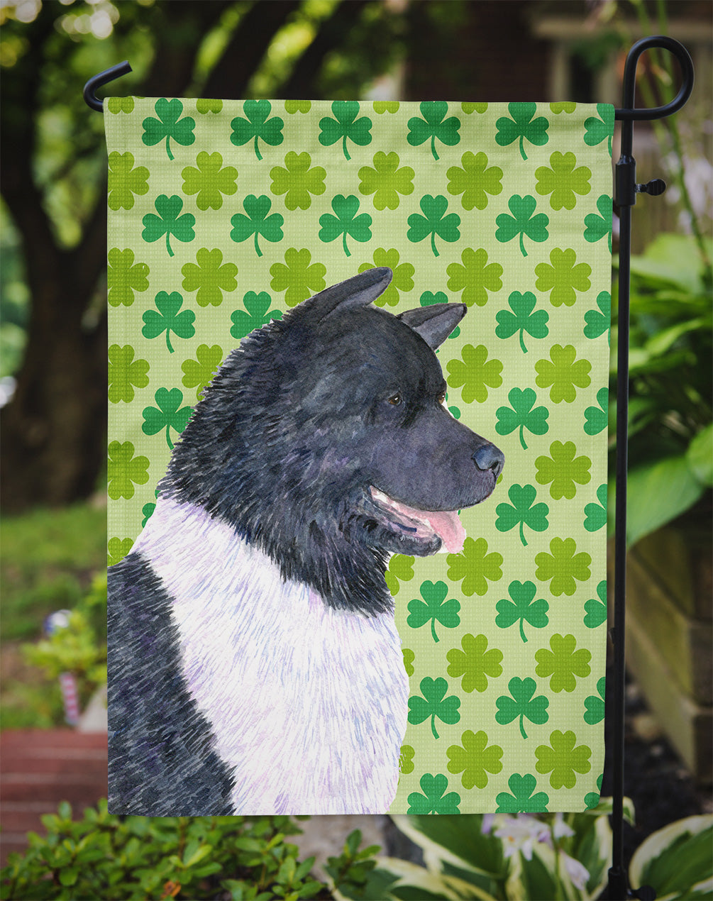 Akita St. Patrick's Day Shamrock Portrait Flag Garden Size.