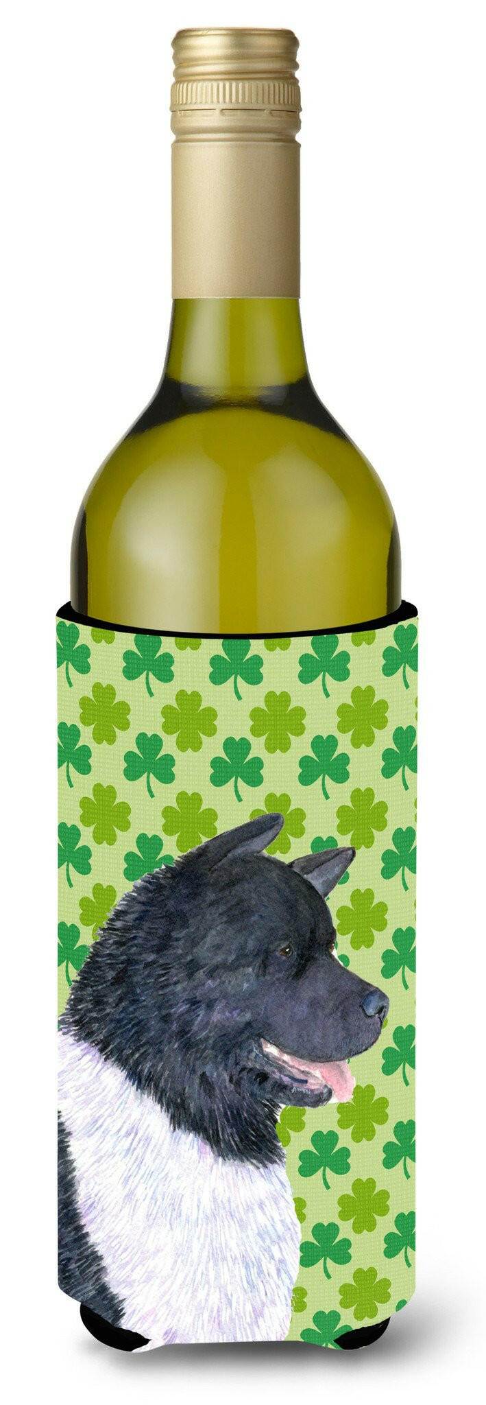 Akita St. Patrick&#39;s Day Shamrock Portrait Wine Bottle Beverage Insulator Beverage Insulator Hugger by Caroline&#39;s Treasures