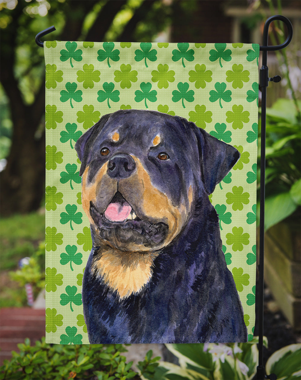 Rottweiler St. Patrick's Day Shamrock Portrait Flag Garden Size.