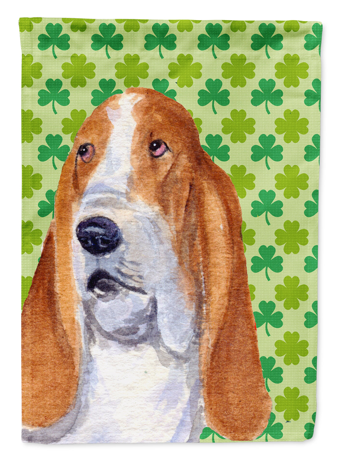 Basset Hound St. Patrick&#39;s Day Shamrock Portrait Flag Garden Size.
