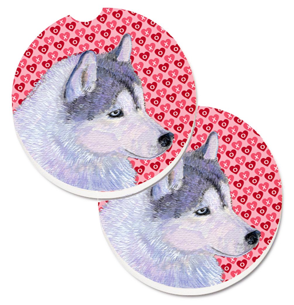 Siberian Husky Hearts Love Valentine&#39;s Day Set of 2 Cup Holder Car Coasters SS4464CARC by Caroline&#39;s Treasures