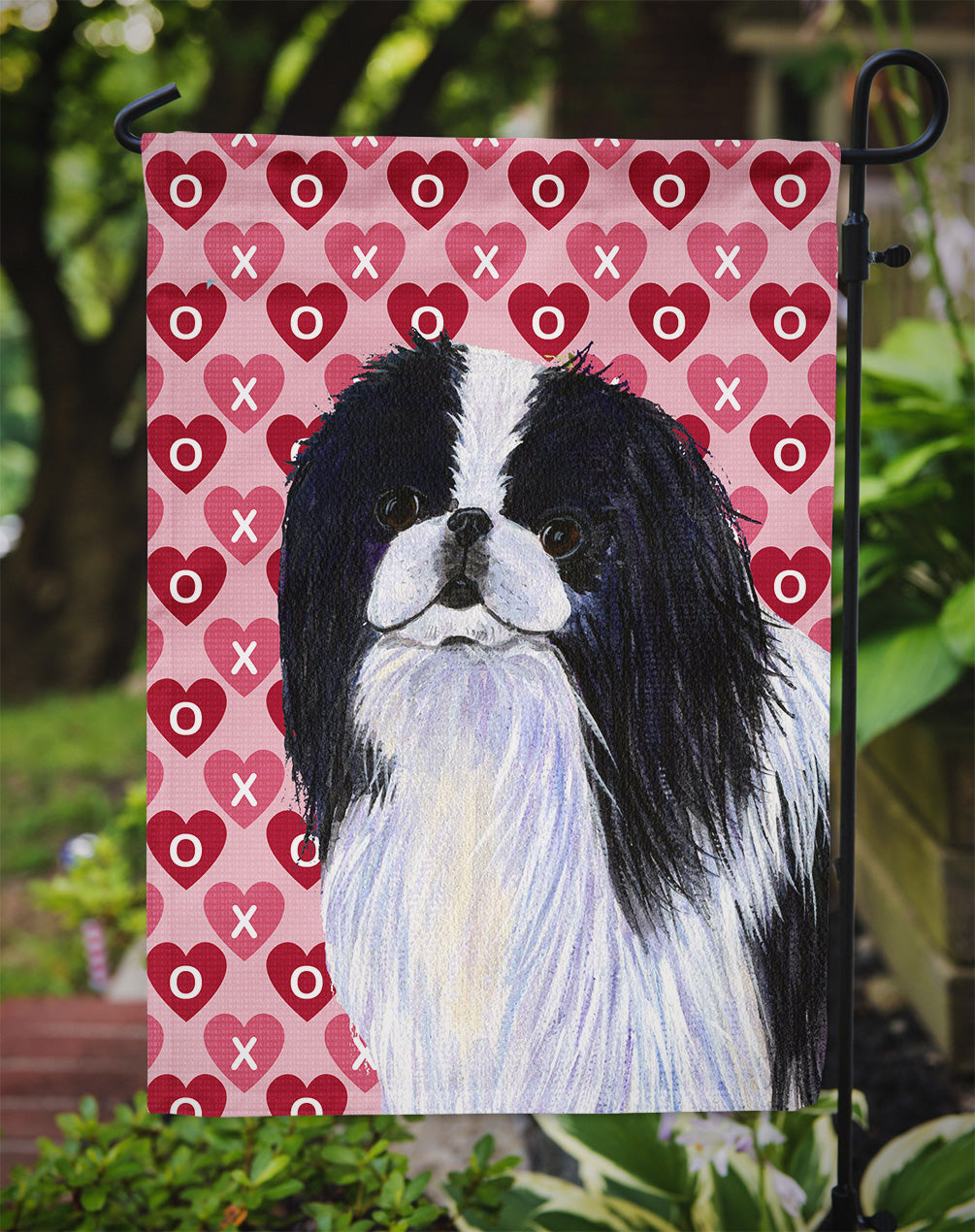 Japanese Chin Hearts Love and Valentine's Day Portrait Flag Garden Size