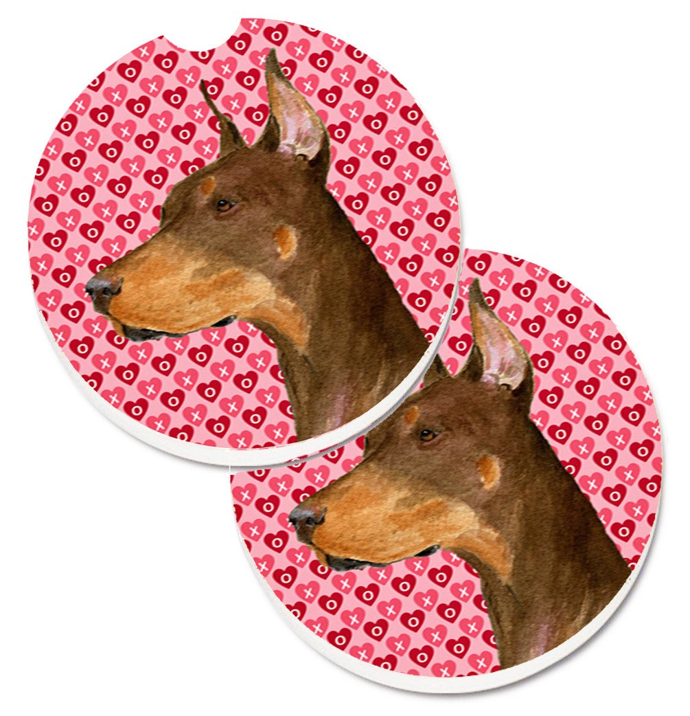 Doberman Hearts Love and Valentine&#39;s Day Portrait Set of 2 Cup Holder Car Coasters SS4468CARC by Caroline&#39;s Treasures