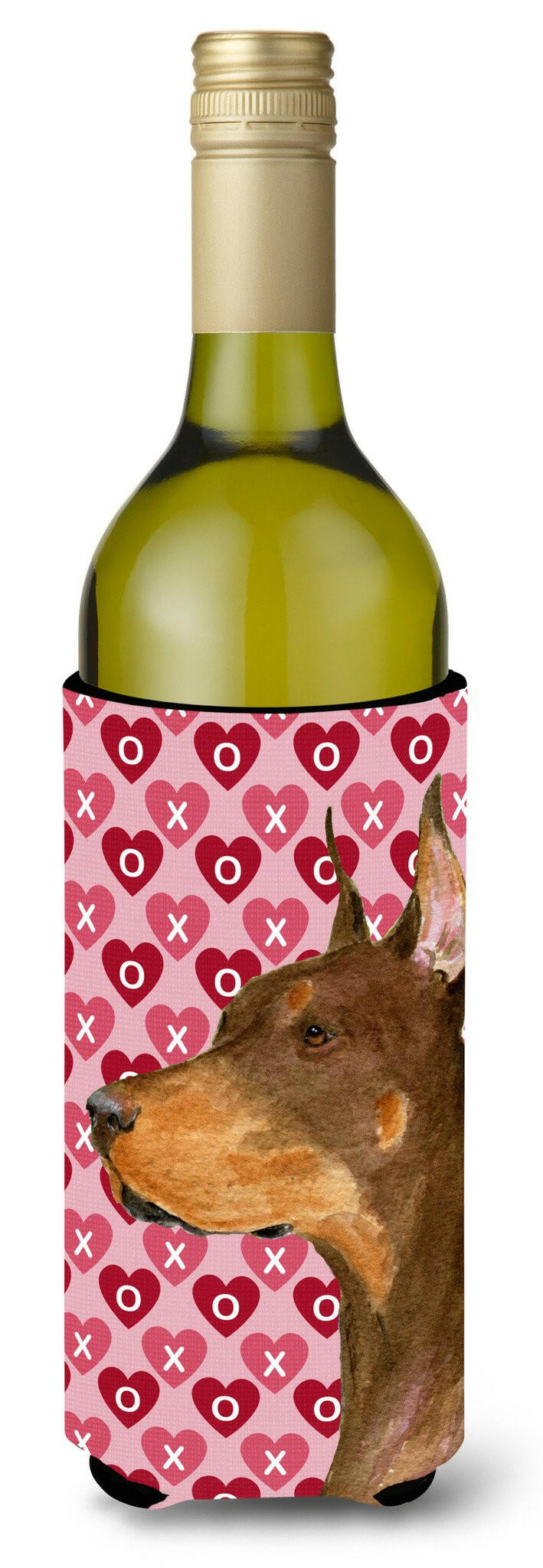 Doberman Hearts Love and Valentine's Day Portrait Wine Bottle Beverage Insulator Beverage Insulator Hugger by Caroline's Treasures