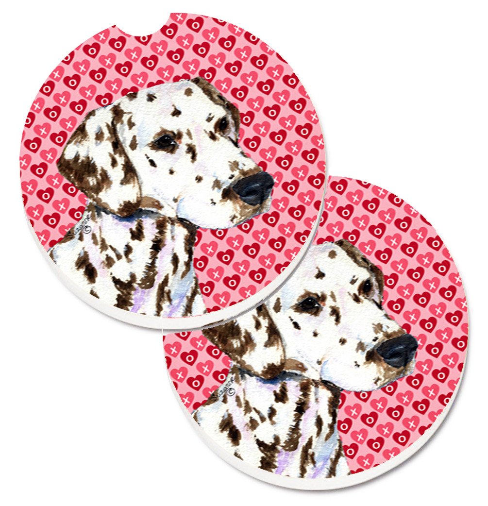 Dalmatian Hearts Love and Valentine&#39;s Day Portrait Set of 2 Cup Holder Car Coasters SS4469CARC by Caroline&#39;s Treasures