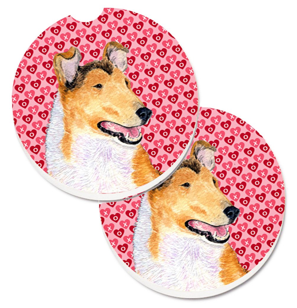 Collie Smooth Hearts Love and Valentine&#39;s Day Portrait Set of 2 Cup Holder Car Coasters SS4470CARC by Caroline&#39;s Treasures