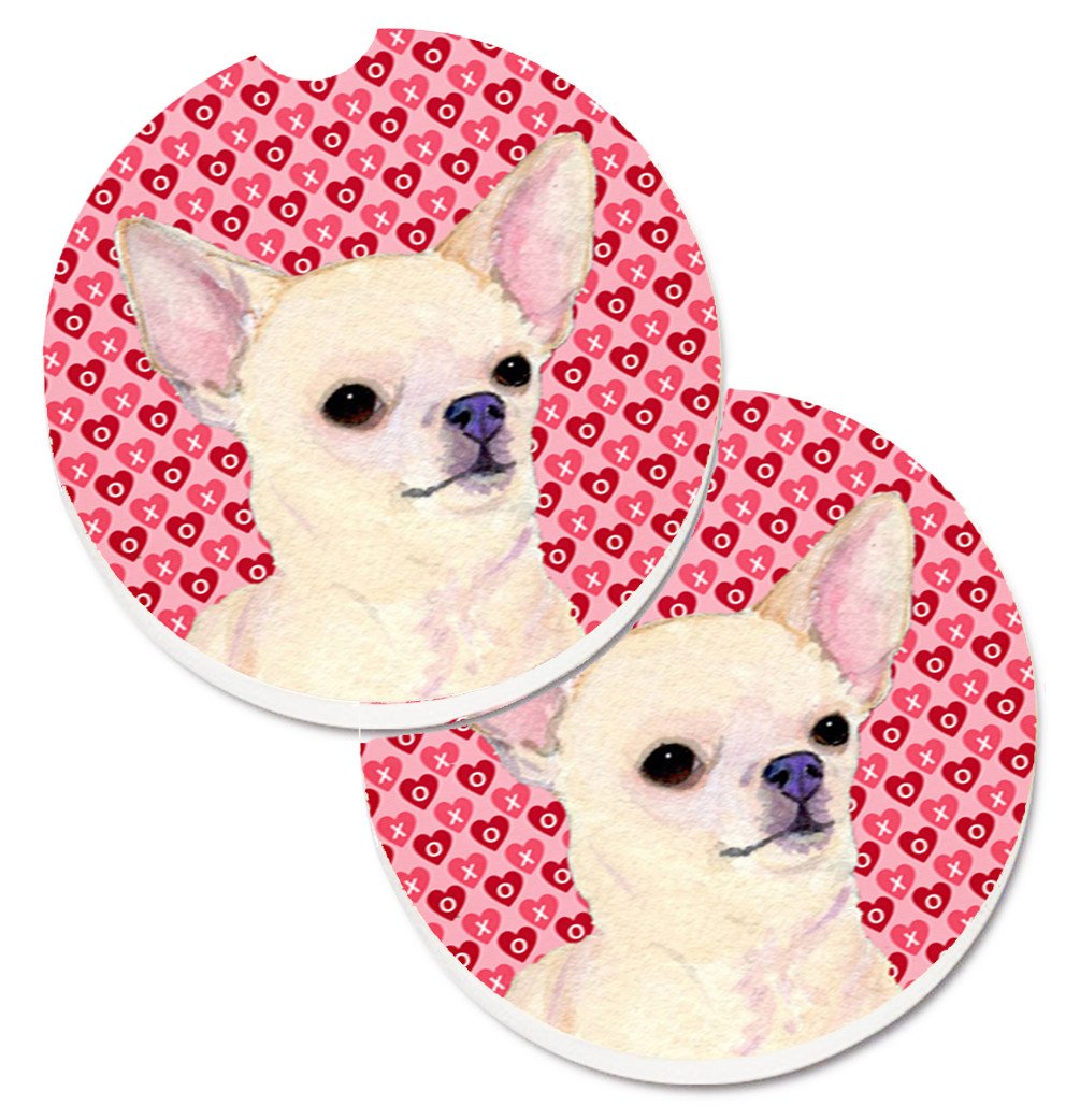 Chihuahua Hearts Love and Valentine&#39;s Day Portrait Set of 2 Cup Holder Car Coasters SS4472CARC by Caroline&#39;s Treasures