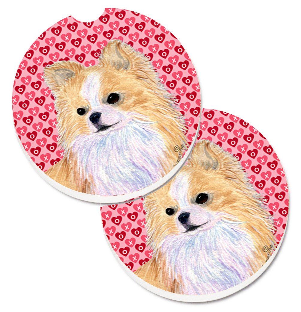 Chihuahua Hearts Love and Valentine&#39;s Day Portrait Set of 2 Cup Holder Car Coasters SS4473CARC by Caroline&#39;s Treasures