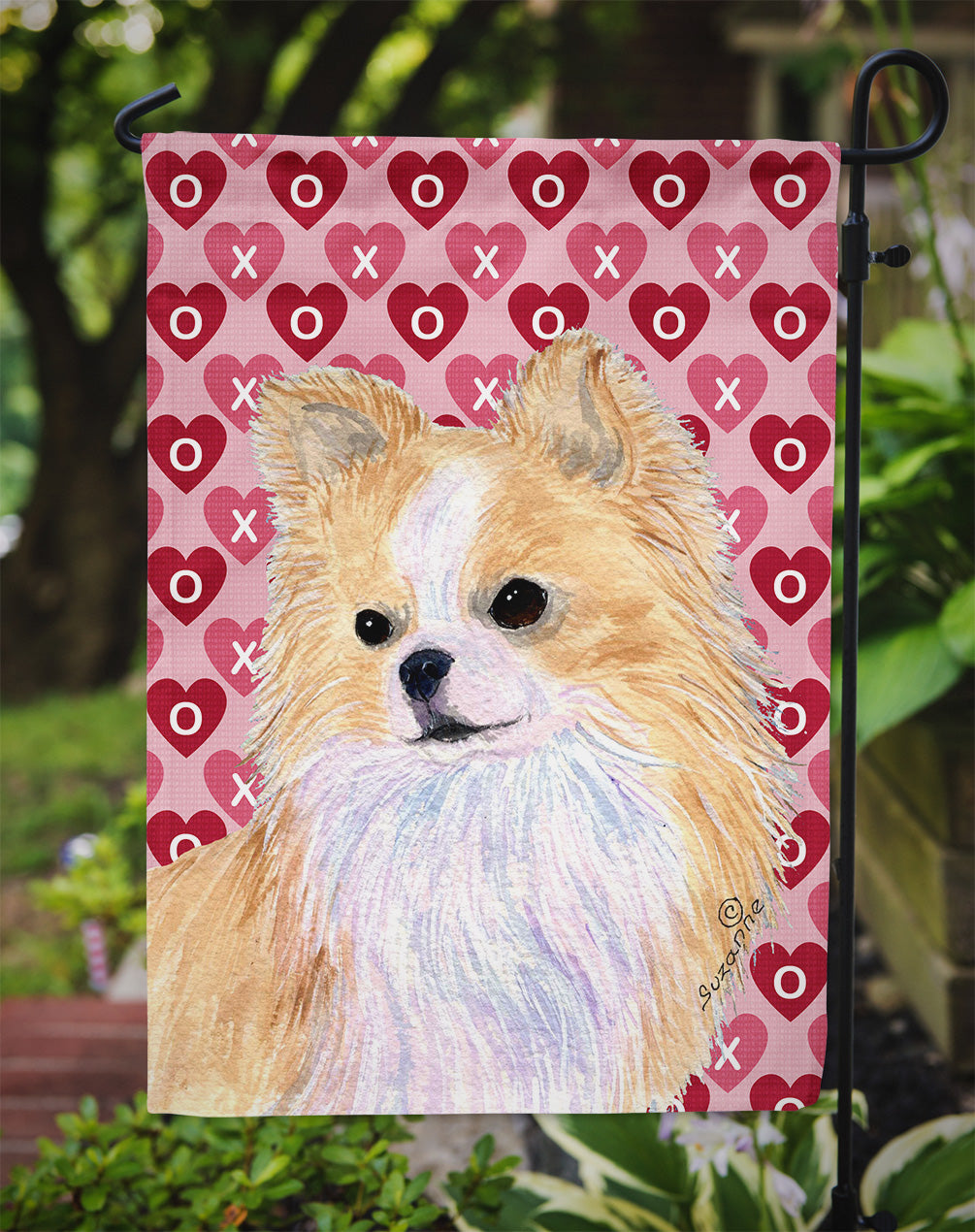 Chihuahua Hearts Love and Valentine's Day Portrait Flag Garden Size.