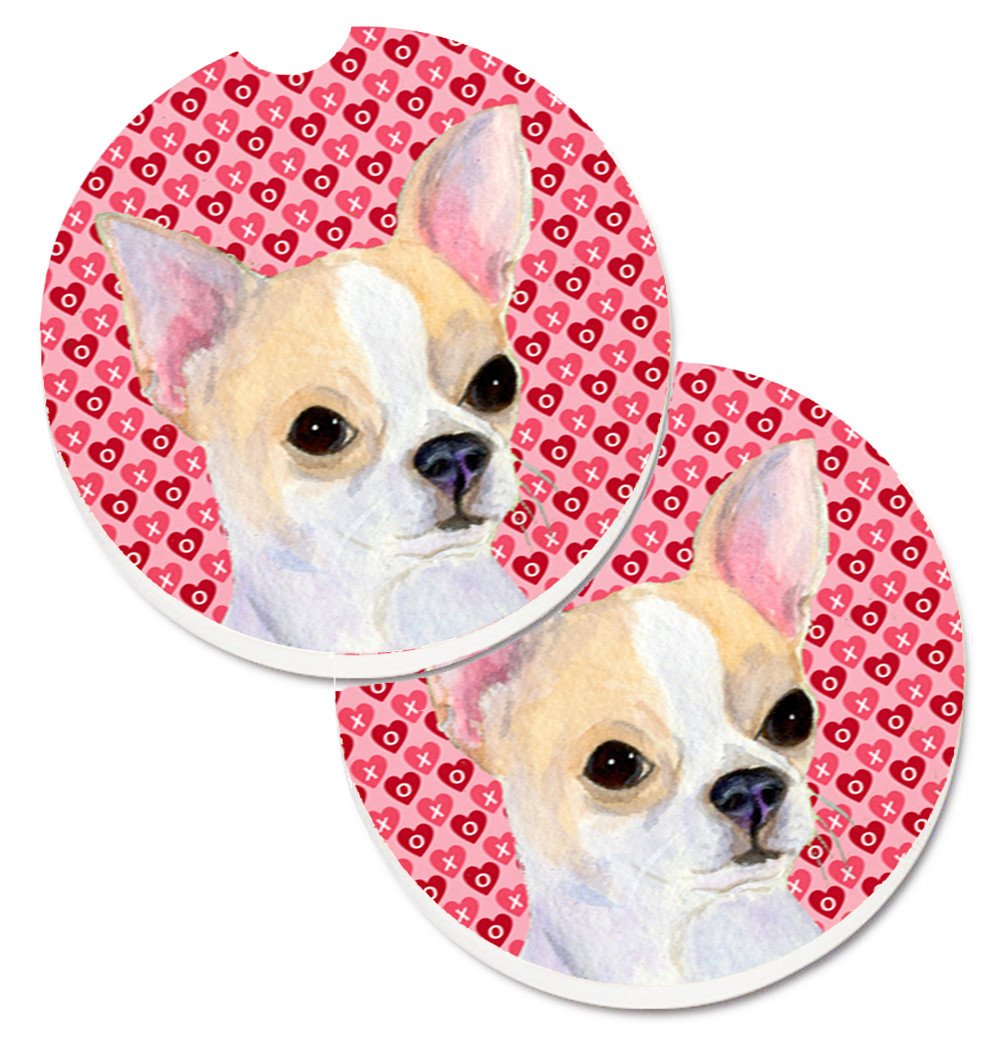 Chihuahua Hearts Love and Valentine&#39;s Day Portrait Set of 2 Cup Holder Car Coasters SS4474CARC by Caroline&#39;s Treasures