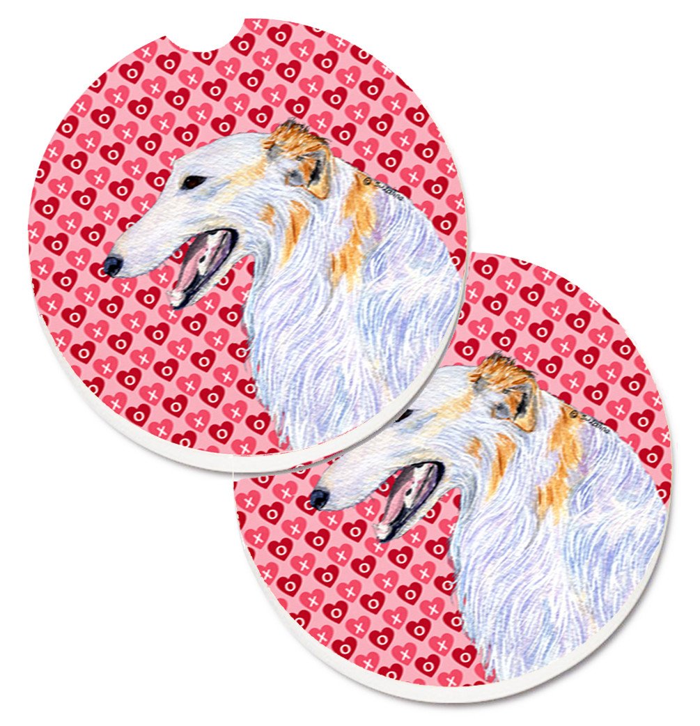 Borzoi Hearts Love and Valentine&#39;s Day Portrait Set of 2 Cup Holder Car Coasters SS4475CARC by Caroline&#39;s Treasures