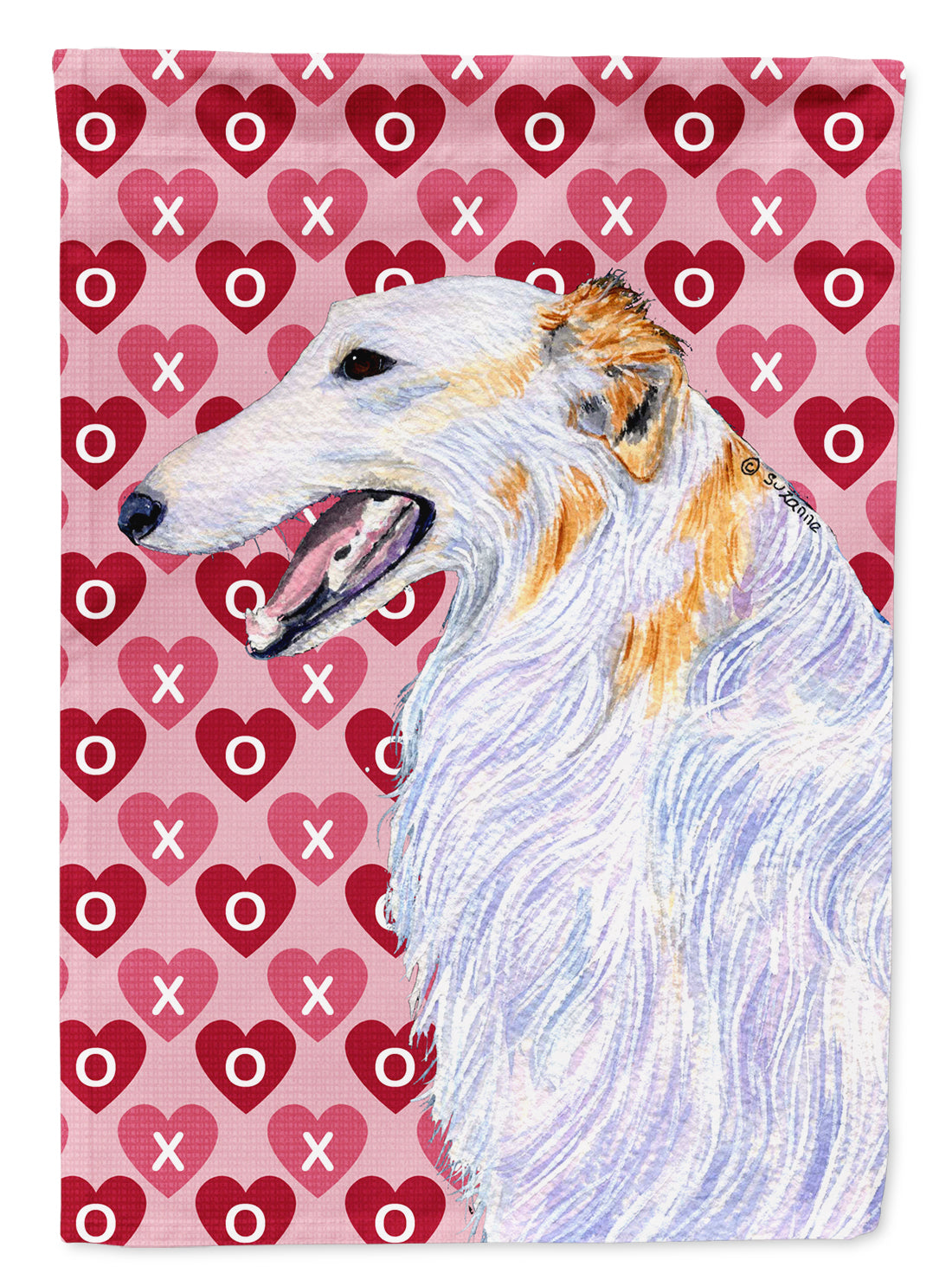 Borzoi Hearts Love and Valentine's Day Portrait Flag Canvas House Size  the-store.com.