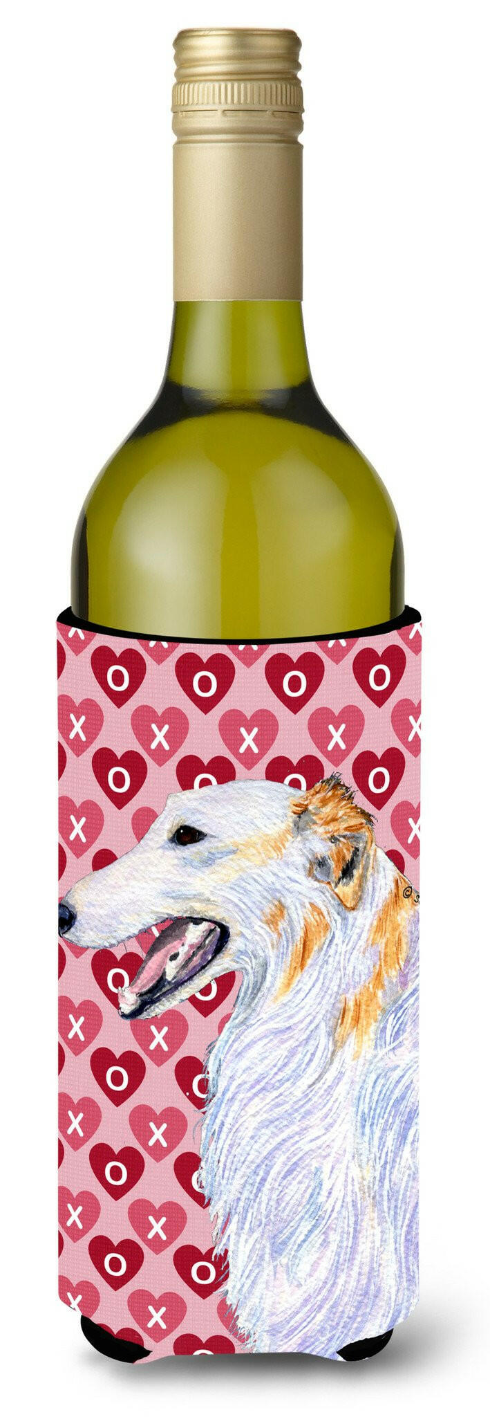 Borzoi Hearts Love and Valentine&#39;s Day Portrait Wine Bottle Beverage Insulator Beverage Insulator Hugger by Caroline&#39;s Treasures