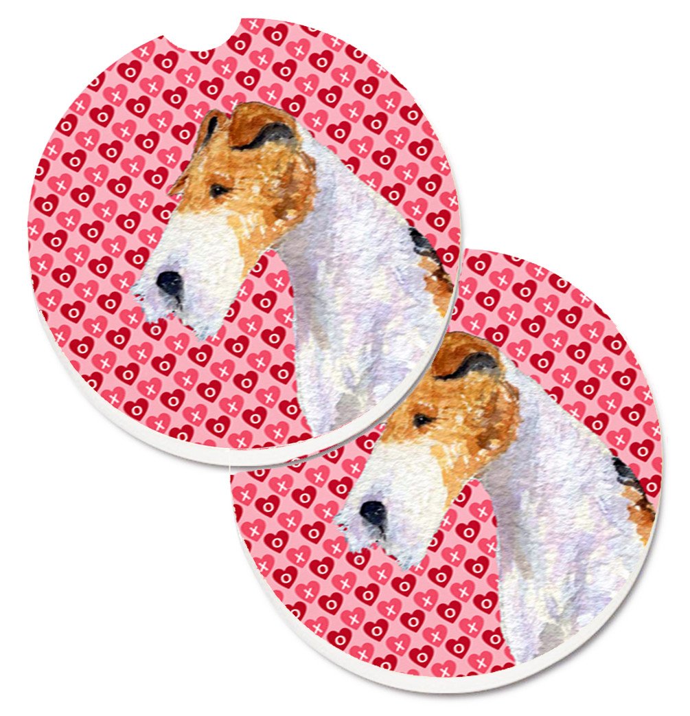 Fox Terrier Hearts Love and Valentine&#39;s Day Portrait Set of 2 Cup Holder Car Coasters SS4478CARC by Caroline&#39;s Treasures