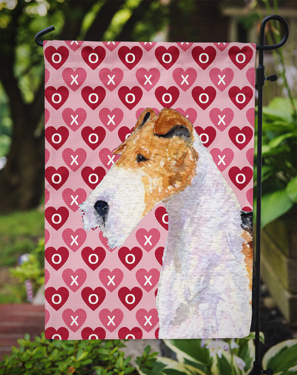 Fox Terrier Hearts Love and Valentine's Day Portrait Flag Garden Size.
