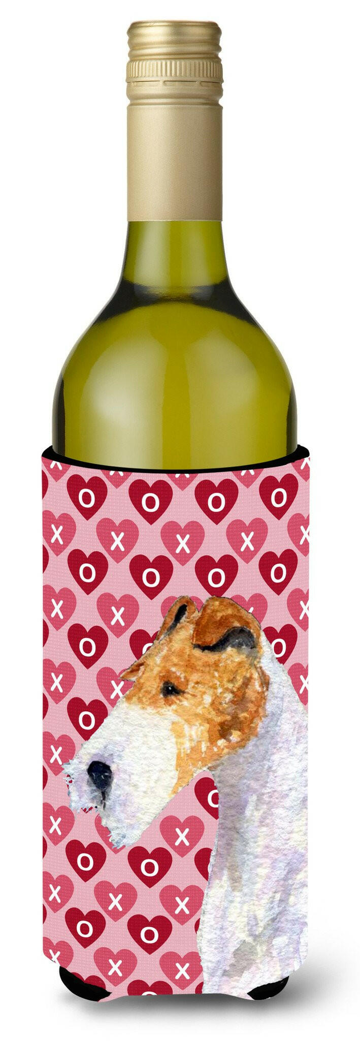Fox Terrier Hearts Love and Valentine's Day Portrait Wine Bottle Beverage Insulator Beverage Insulator Hugger by Caroline's Treasures