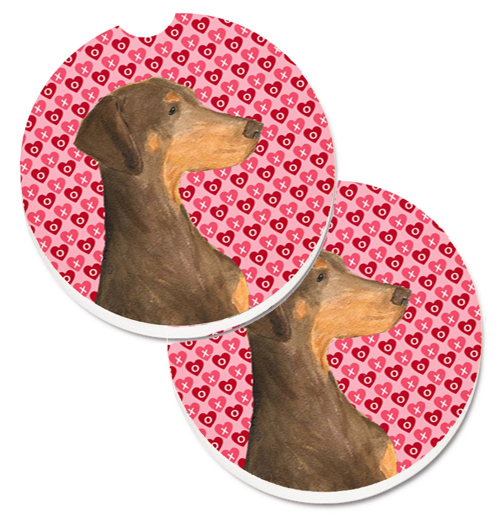 Doberman Hearts Love and Valentine&#39;s Day Portrait Set of 2 Cup Holder Car Coasters SS4479CARC by Caroline&#39;s Treasures