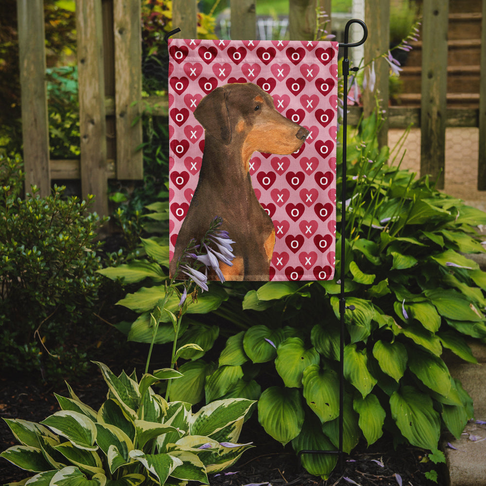Doberman Hearts Love and Valentine's Day Portrait Flag Garden Size.