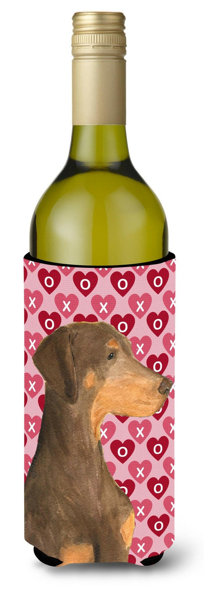 Doberman Hearts Love and Valentine&#39;s Day Portrait Wine Bottle Beverage Insulator Beverage Insulator Hugger by Caroline&#39;s Treasures