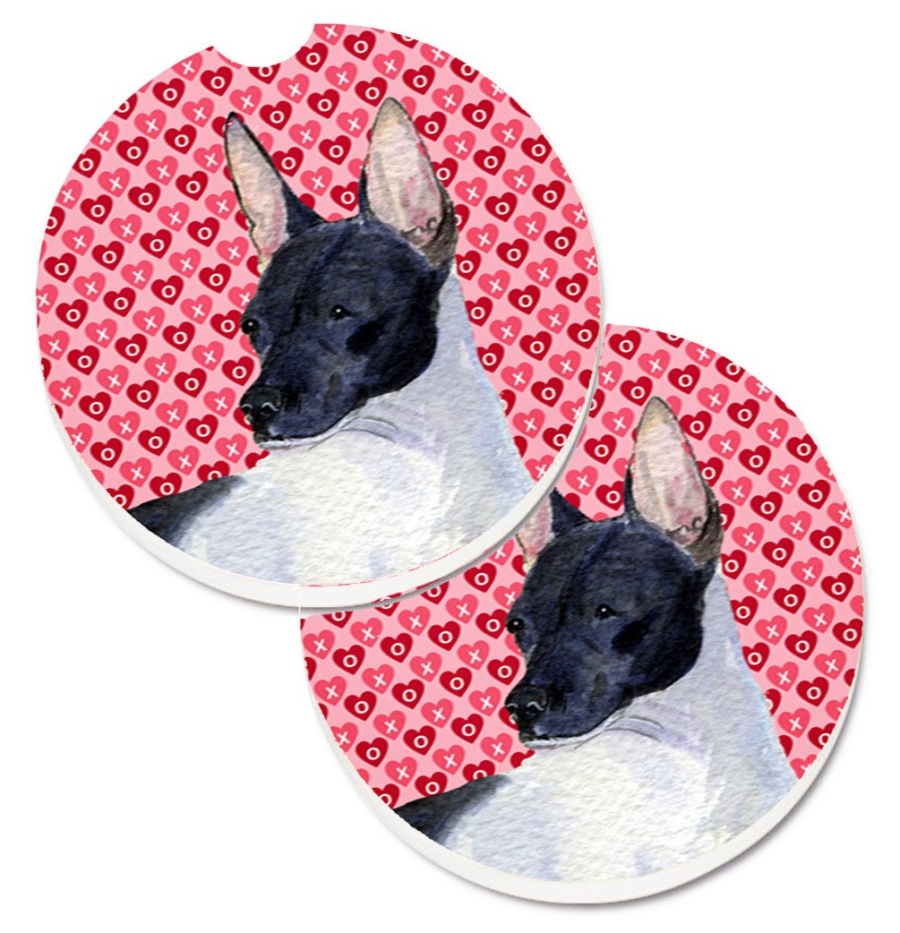 Rat Terrier Hearts Love and Valentine&#39;s Day Portrait Set of 2 Cup Holder Car Coasters SS4480CARC by Caroline&#39;s Treasures