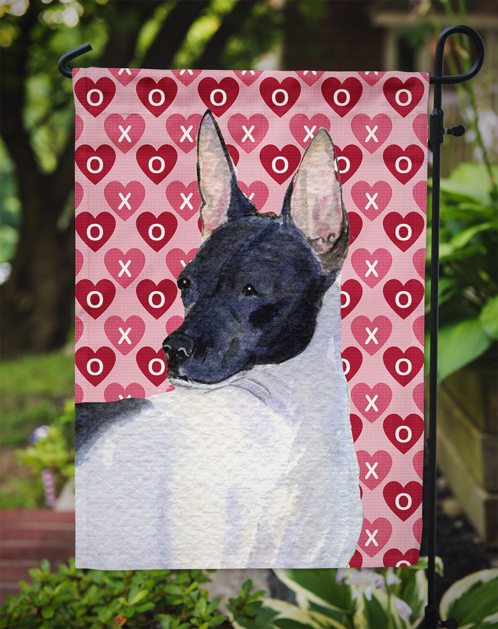 Rat Terrier Hearts Love and Valentine's Day Portrait Flag Garden Size.
