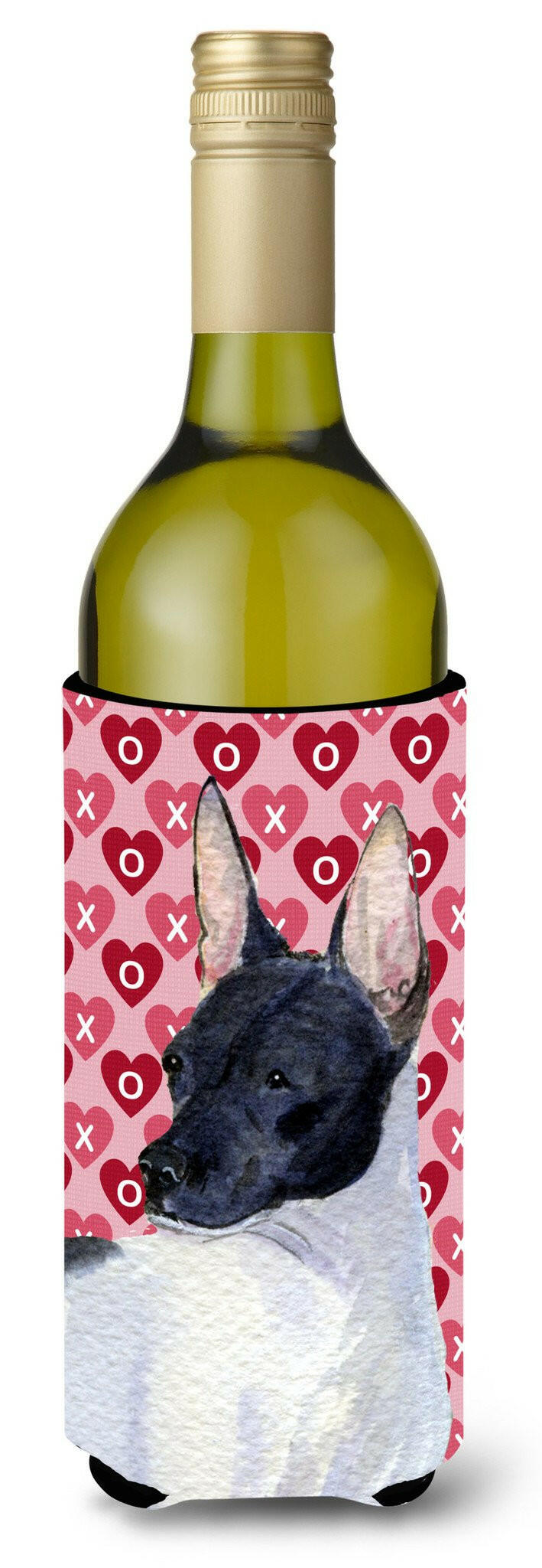 Rat Terrier Hearts Love and Valentine&#39;s Day Portrait Wine Bottle Beverage Insulator Beverage Insulator Hugger by Caroline&#39;s Treasures