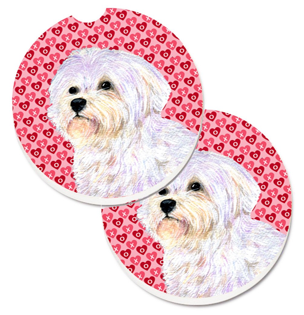 Maltese Hearts Love and Valentine&#39;s Day Portrait Set of 2 Cup Holder Car Coasters SS4481CARC by Caroline&#39;s Treasures