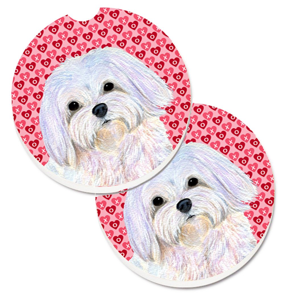 Maltese Hearts Love and Valentine&#39;s Day Portrait Set of 2 Cup Holder Car Coasters SS4482CARC by Caroline&#39;s Treasures