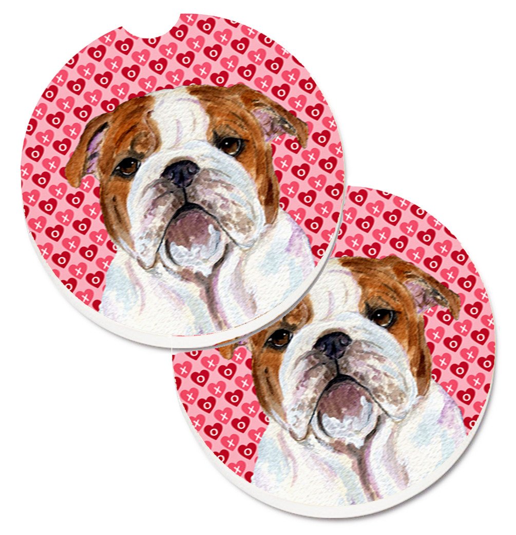 Bulldog English Hearts Love Valentine&#39;s Day Set of 2 Cup Holder Car Coasters SS4484CARC by Caroline&#39;s Treasures