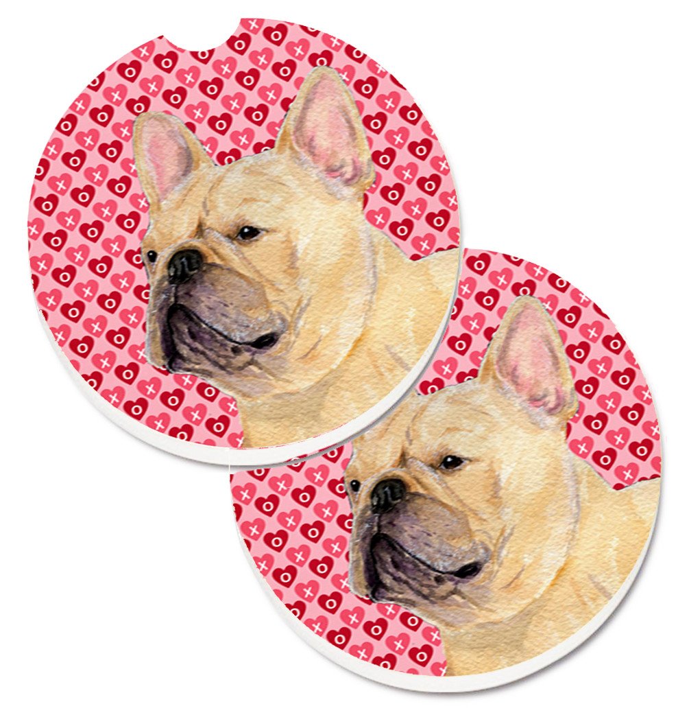 French Bulldog Hearts Love and Valentine&#39;s Day Portrait Set of 2 Cup Holder Car Coasters SS4485CARC by Caroline&#39;s Treasures