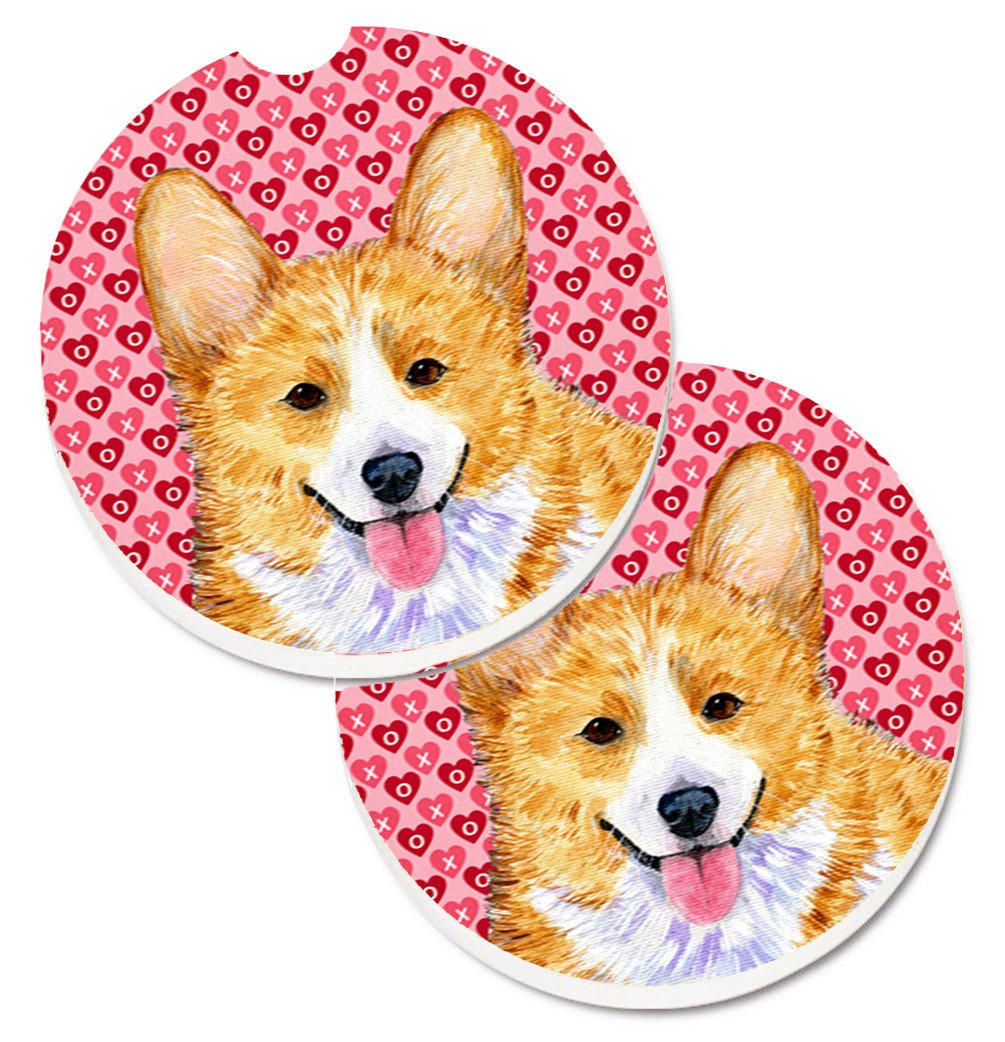 Corgi Hearts Love and Valentine&#39;s Day Portrait Set of 2 Cup Holder Car Coasters SS4486CARC by Caroline&#39;s Treasures