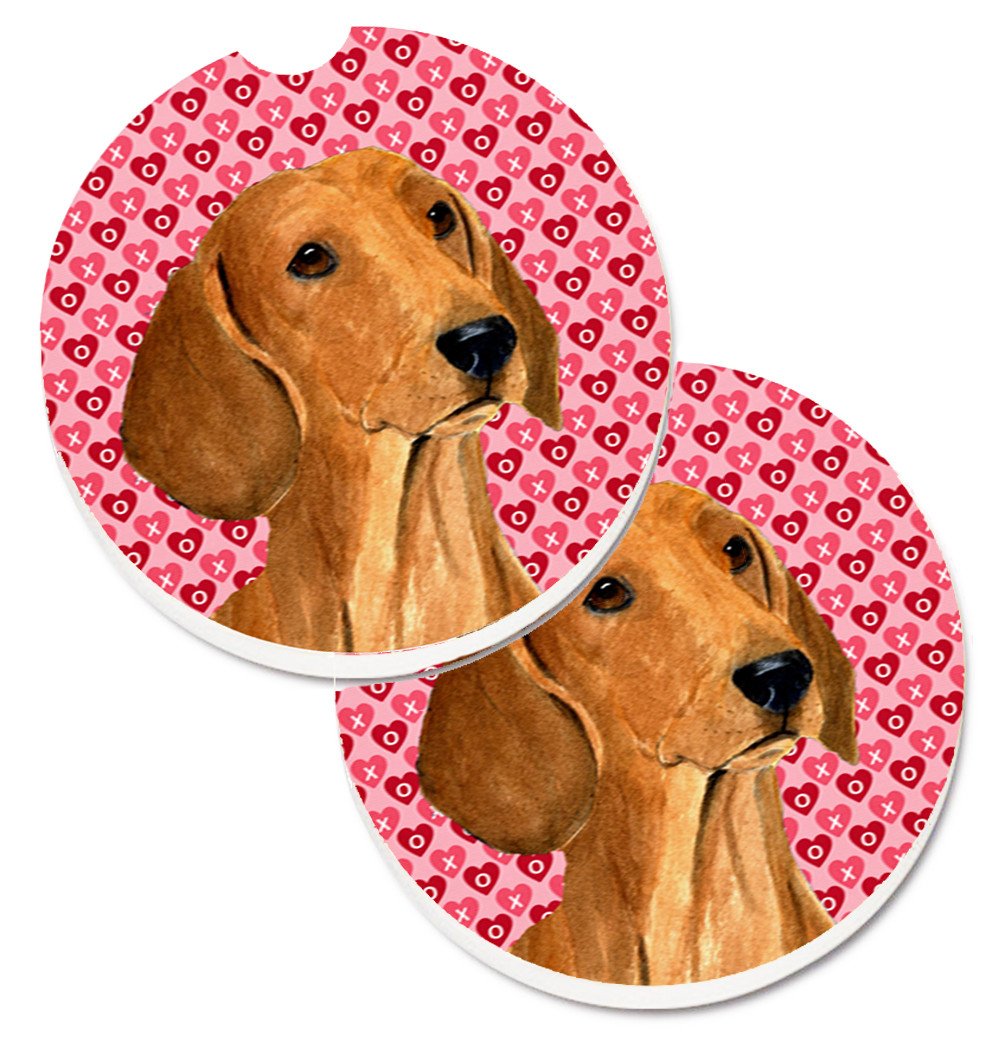 Dachshund Hearts Love and Valentine&#39;s Day Portrait Set of 2 Cup Holder Car Coasters SS4487CARC by Caroline&#39;s Treasures