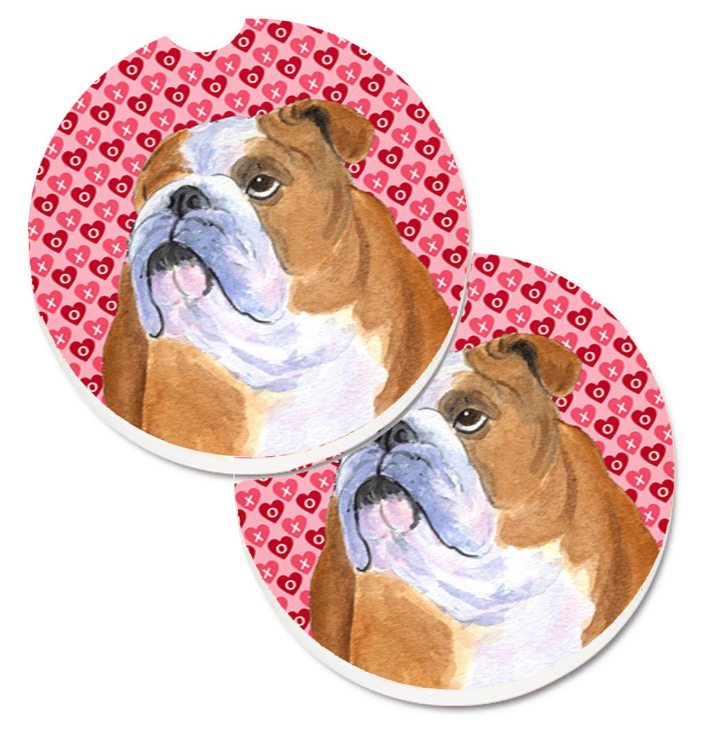 Bulldog English Hearts Love Valentine&#39;s Day Set of 2 Cup Holder Car Coasters SS4491CARC by Caroline&#39;s Treasures