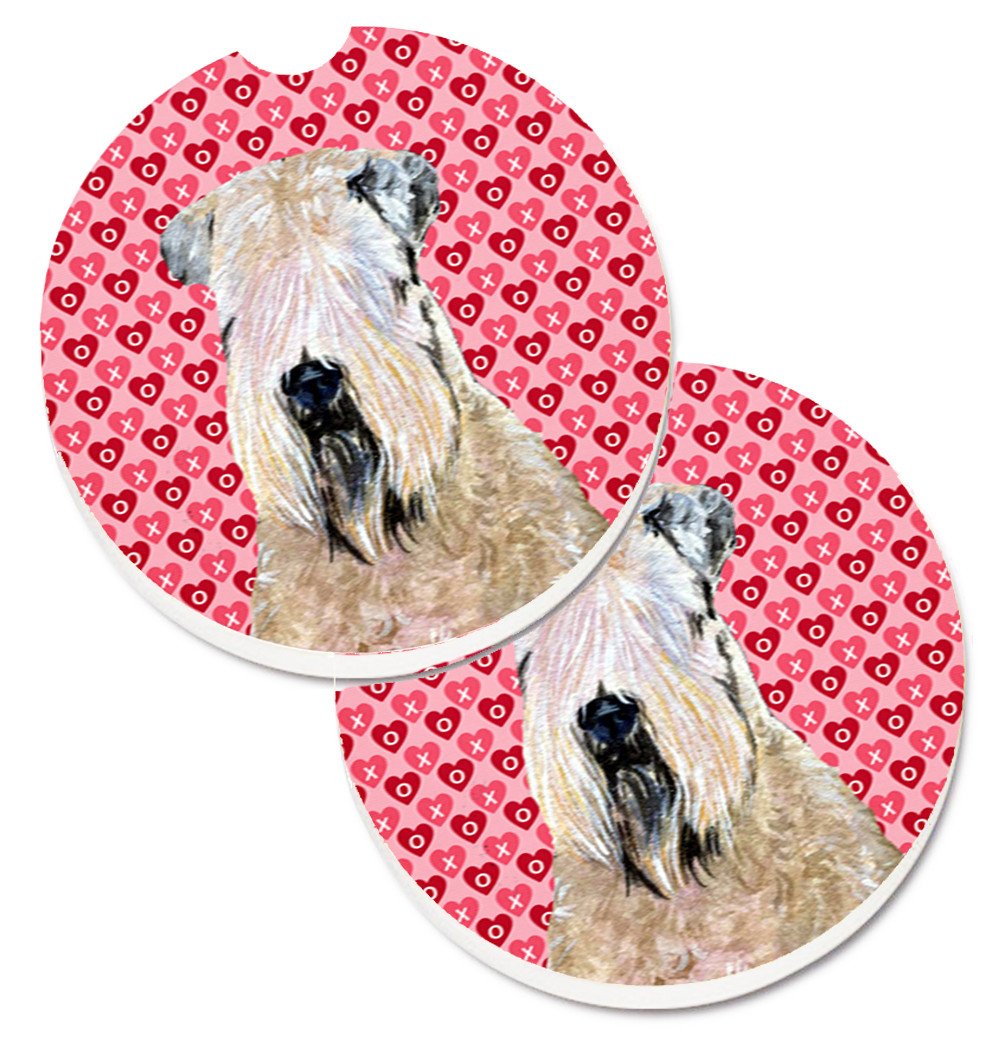 Wheaten Terrier Soft Coated Hearts Love Valentine&#39;s Set of 2 Cup Holder Car Coasters SS4493CARC by Caroline&#39;s Treasures
