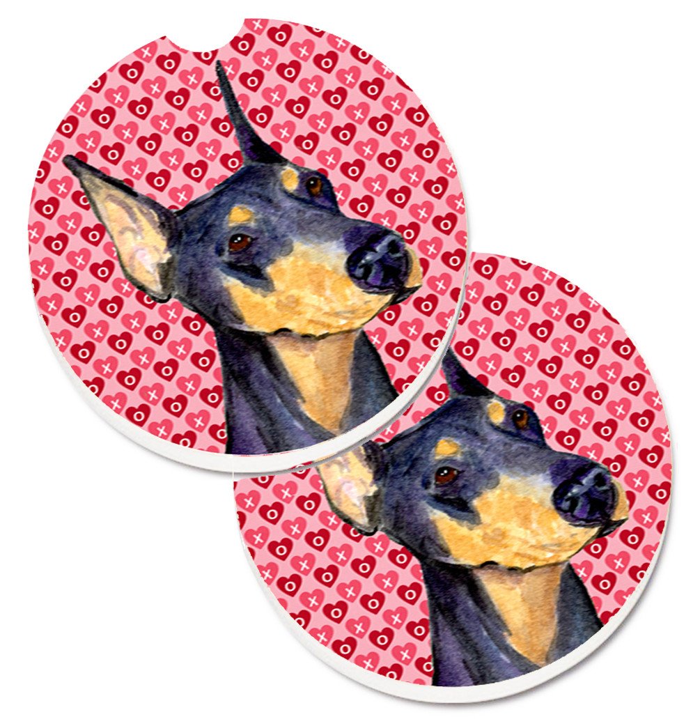 Doberman Hearts Love and Valentine&#39;s Day Portrait Set of 2 Cup Holder Car Coasters SS4495CARC by Caroline&#39;s Treasures