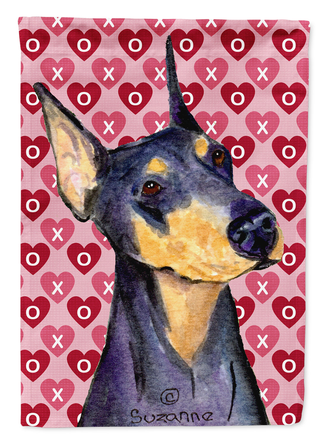 Doberman Hearts Love and Valentine&#39;s Day Portrait Flag Canvas House Size  the-store.com.
