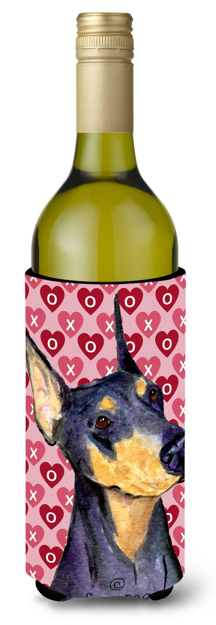 Doberman Hearts Love and Valentine&#39;s Day Portrait Wine Bottle Beverage Insulator Beverage Insulator Hugger by Caroline&#39;s Treasures