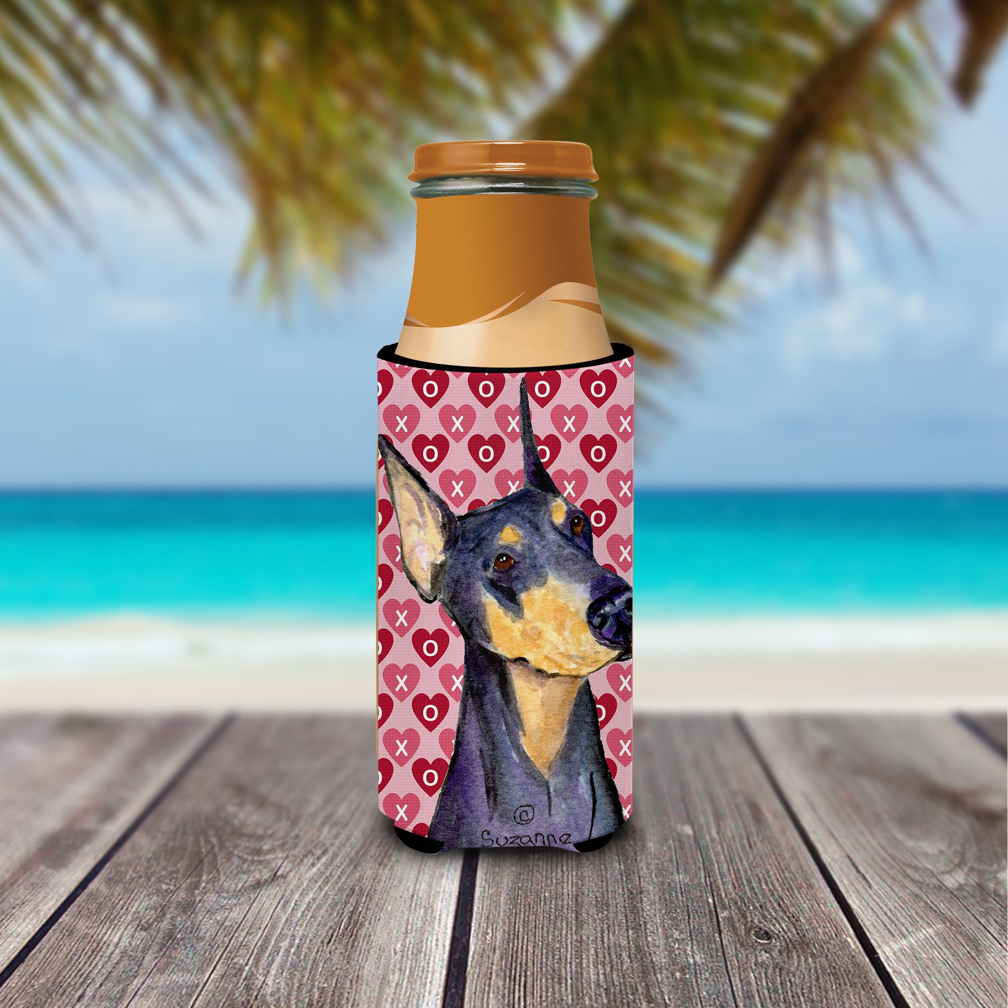 Doberman Hearts Love and Valentine's Day Portrait Ultra Beverage Insulators for slim cans SS4495MUK.