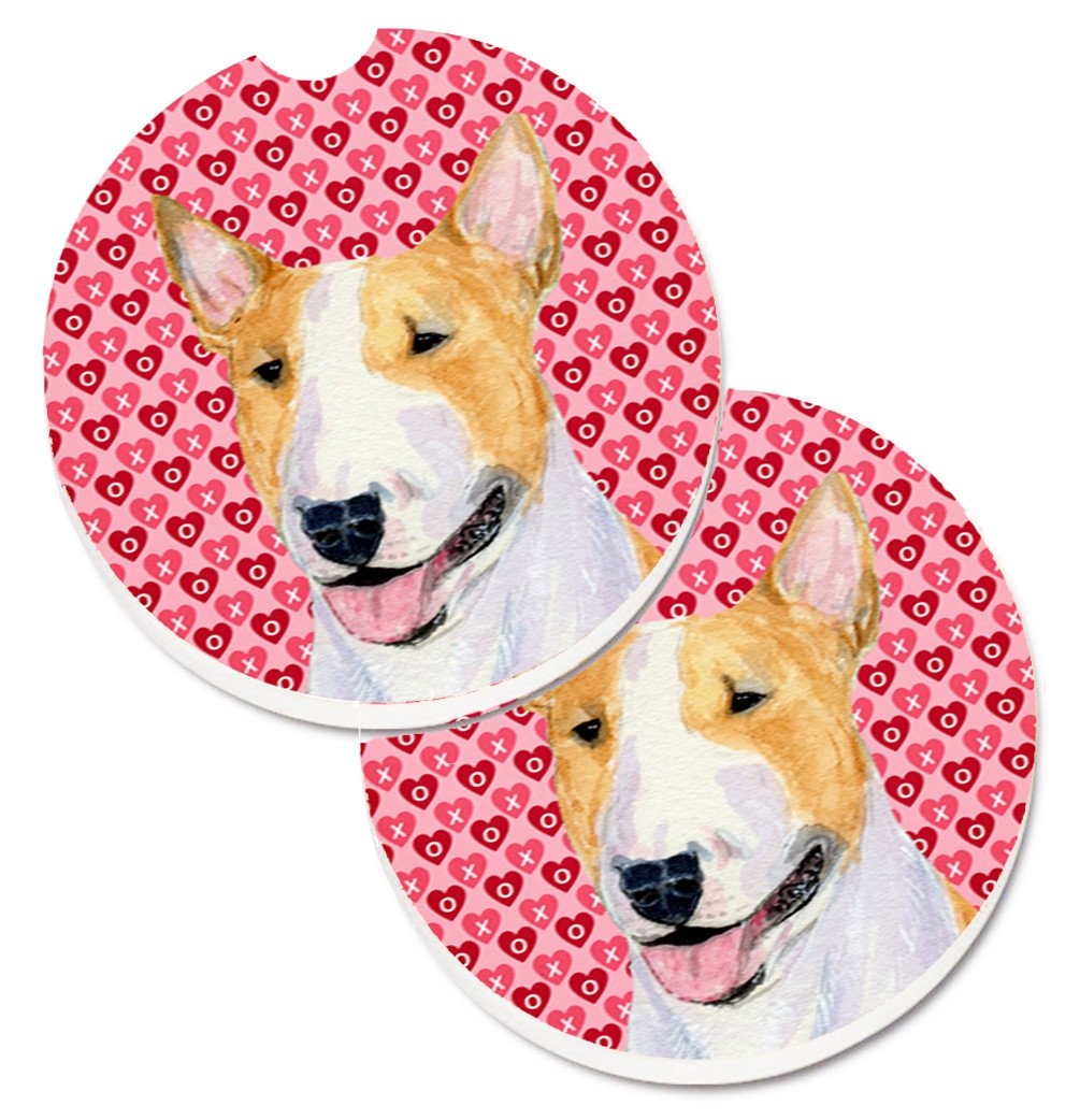 Bull Terrier Hearts Love and Valentine&#39;s Day Portrait Set of 2 Cup Holder Car Coasters SS4496CARC by Caroline&#39;s Treasures