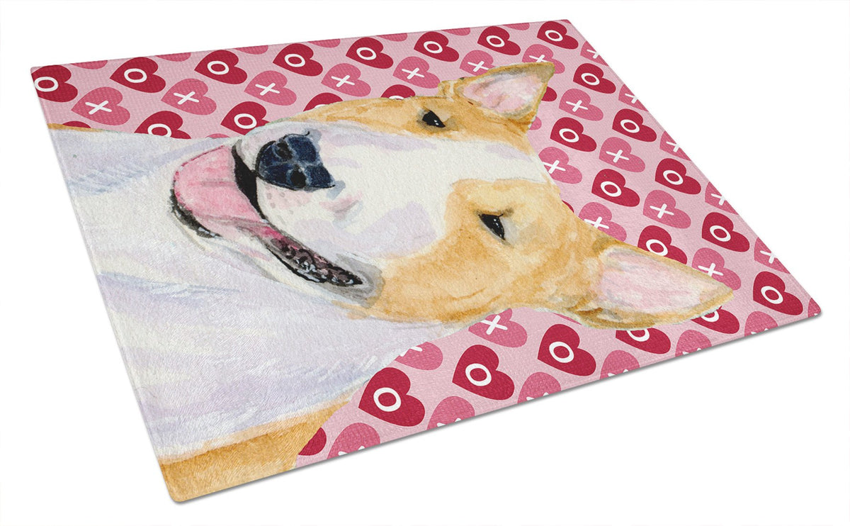 Bull Terrier Hearts Love and Valentine&#39;s Day Portrait Glass Cutting Board Large by Caroline&#39;s Treasures
